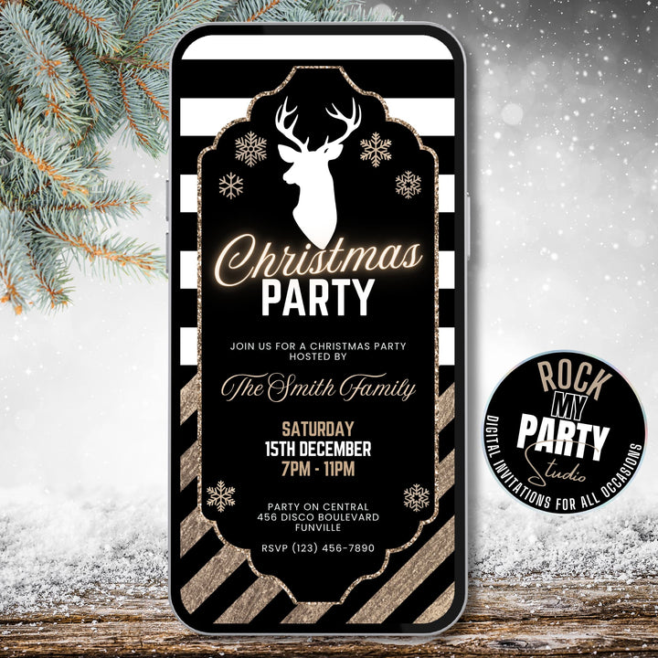 Editable black and gold Christmas party invitation template with reindeer and striped background. Glam digital evite, perfect for stylish holiday celebrations.