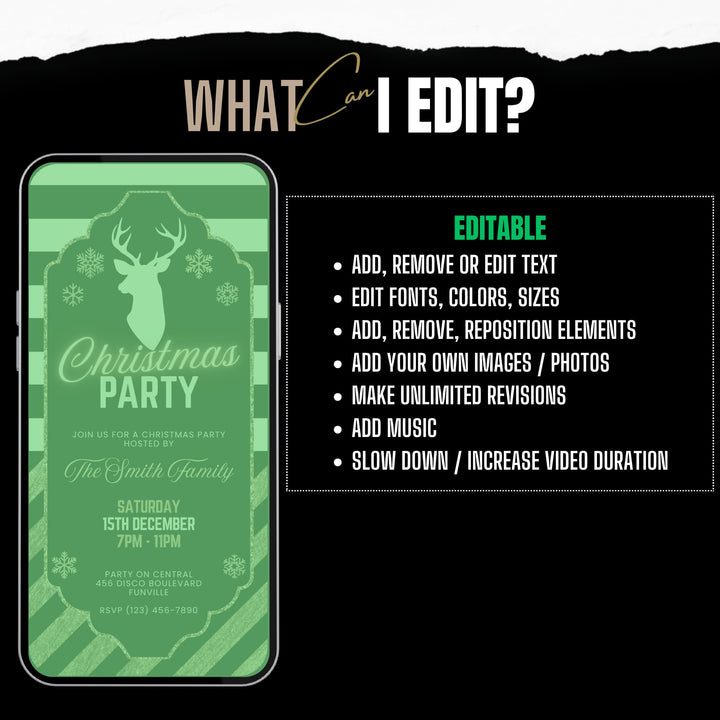 Black & Gold Christmas Party Invitation - Editable Glam Reindeer Digital Christmas Invite Template