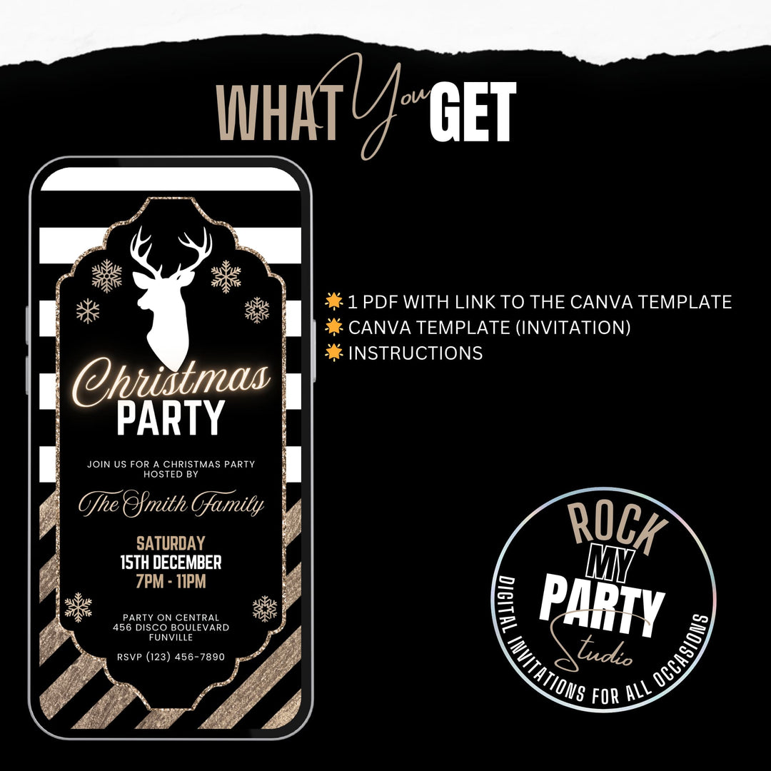Black & Gold Christmas Party Invitation - Editable Glam Reindeer Digital Christmas Invite Template