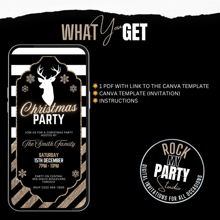 Black & Gold Christmas Party Invitation - Editable Glam Reindeer Digital Christmas Invite Template