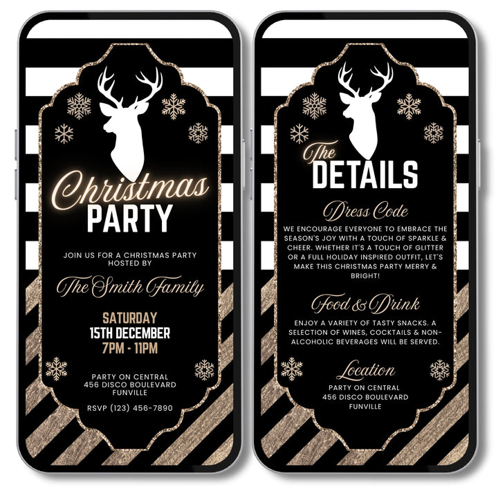 Editable Black & Gold Christmas Party Invitation Set - Holiday Evite + Details Card - Glam Reindeer Digital Template