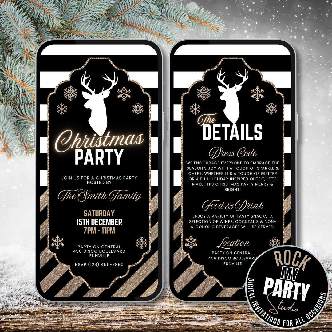 Editable Black & Gold Christmas Party Invitation Set - Holiday Evite + Details Card - Glam Reindeer Digital Template