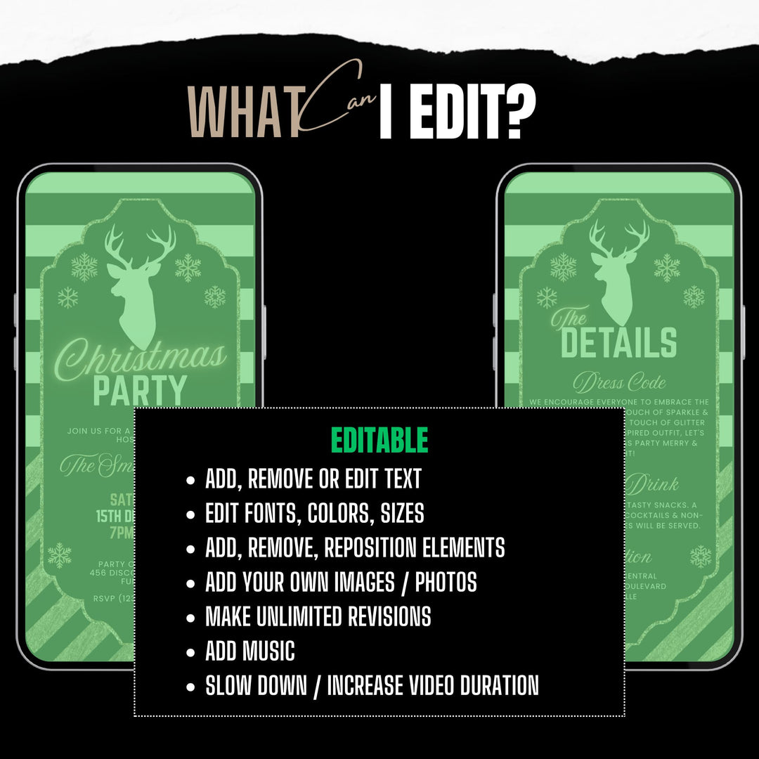 Editable Black & Gold Christmas Party Invitation Set - Holiday Evite + Details Card - Glam Reindeer Digital Template