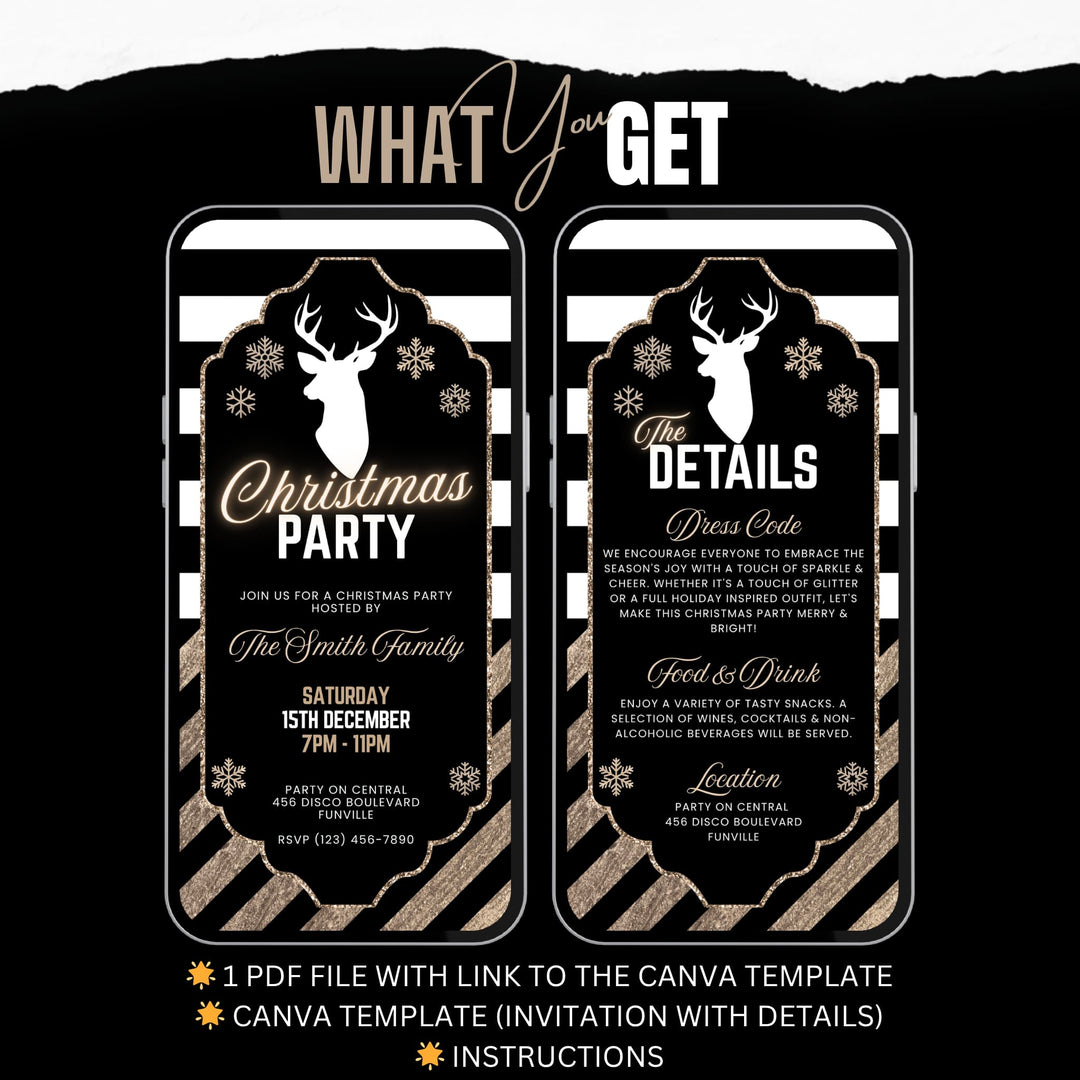 Editable Black & Gold Christmas Party Invitation Set - Holiday Evite + Details Card - Glam Reindeer Digital Template