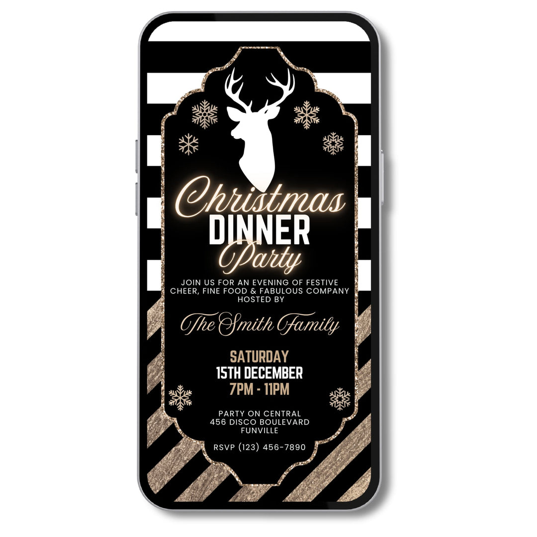 Black and gold Christmas dinner party invitation template featuring a white stag silhouette, gold glitter accents and elegant festive design — editable in Canva.