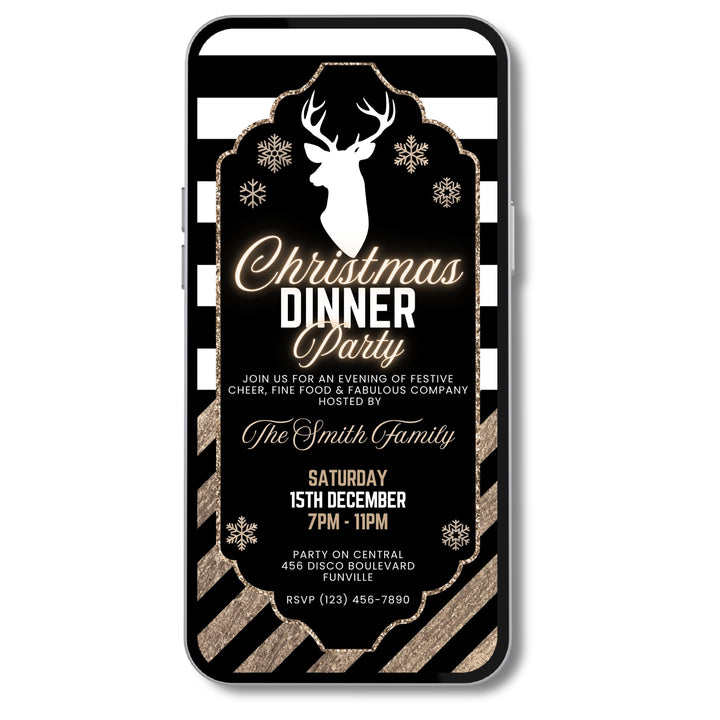Black and gold Christmas dinner party invitation template featuring a white stag silhouette, gold glitter accents and elegant festive design — editable in Canva.