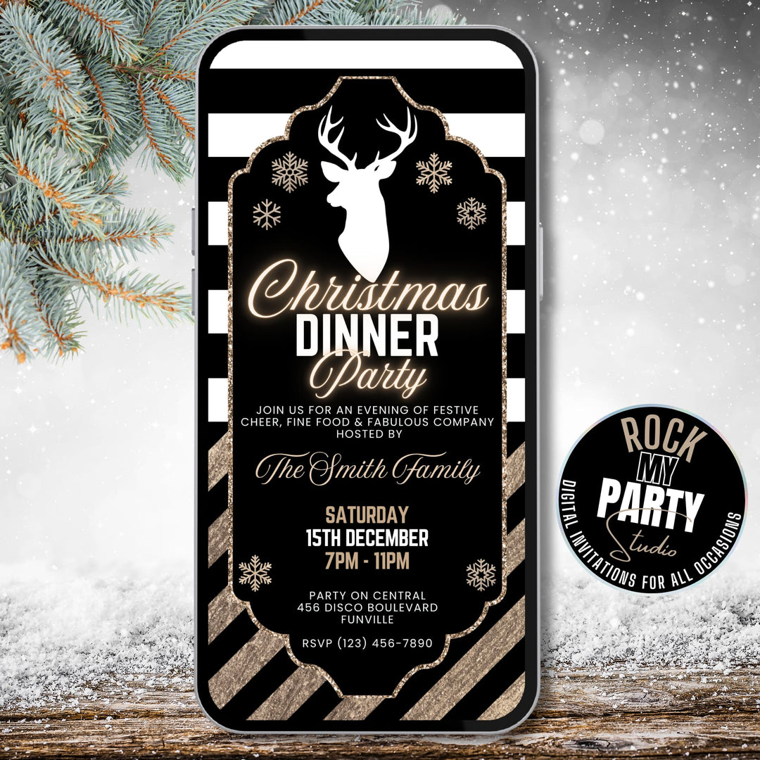 Black and gold Christmas dinner party invitation template featuring a white reindeer silhouette, gold glitter accents, and classy festive design — editable in Canva instant download