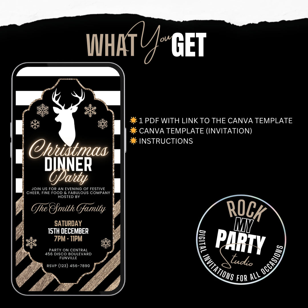 Black & Gold Christmas Dinner Party Invitation - Elegant Festive Holiday Invite Editable Canva Template