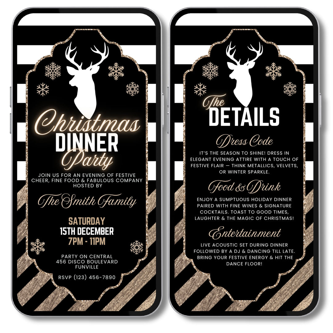 Editable Canva Christmas Dinner Party invitation set in black and gold with details card, featuring elegant modern festive design.