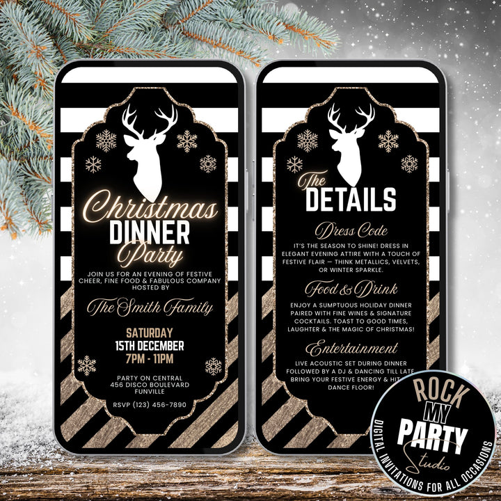 Digital self editable Canva Christmas Dinner Party invitation template in black and gold with details card, featuring elegant modern festive design available for instant download.