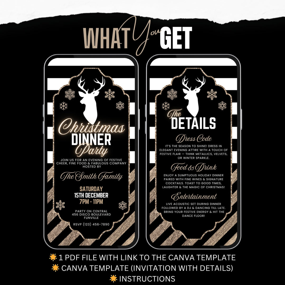 Black & Gold Christmas Dinner Party Invitation with Details Page - Elegant Holiday Invite Editable Canva Template