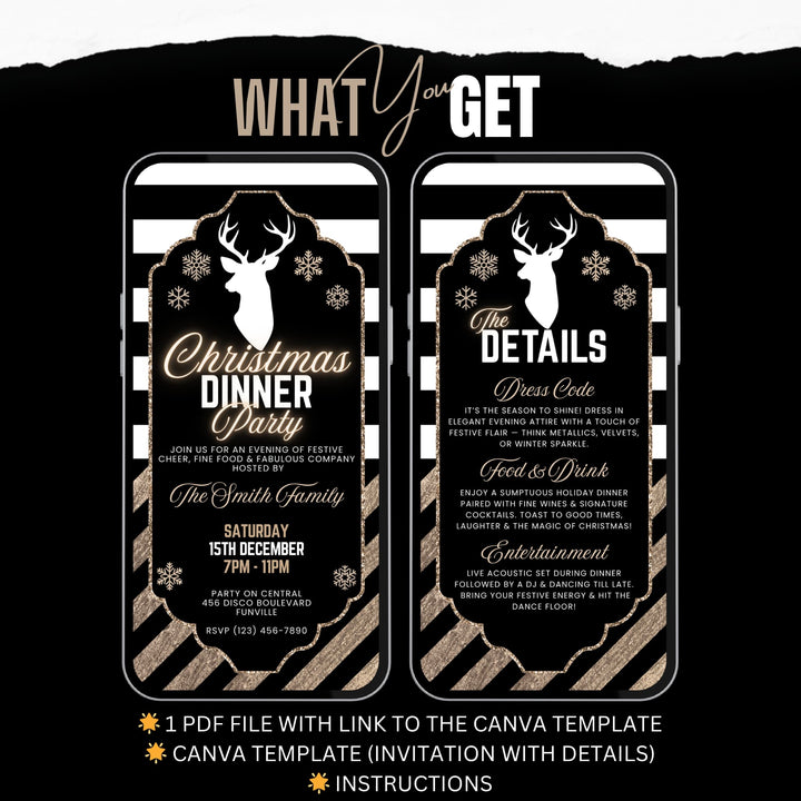 Black & Gold Christmas Dinner Party Invitation with Details Page - Elegant Holiday Invite Editable Canva Template