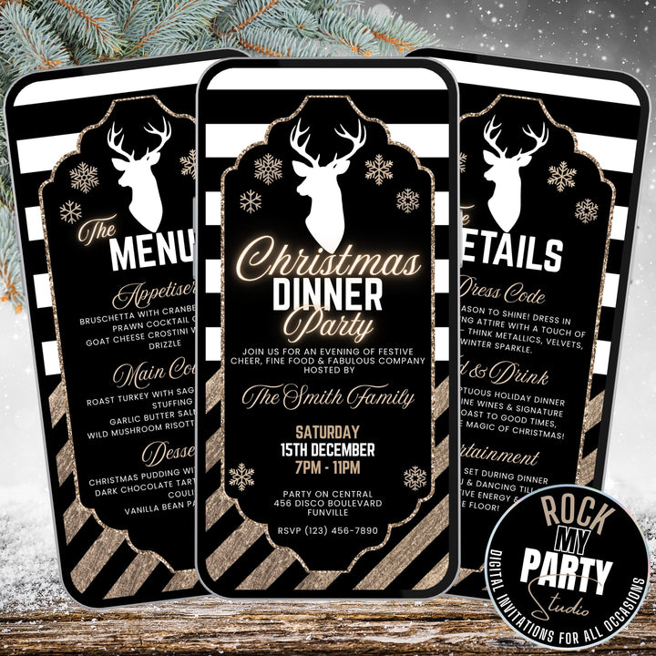 Black & Gold Christmas Dinner Party Invite with Details & Menu - Editable Canva Template