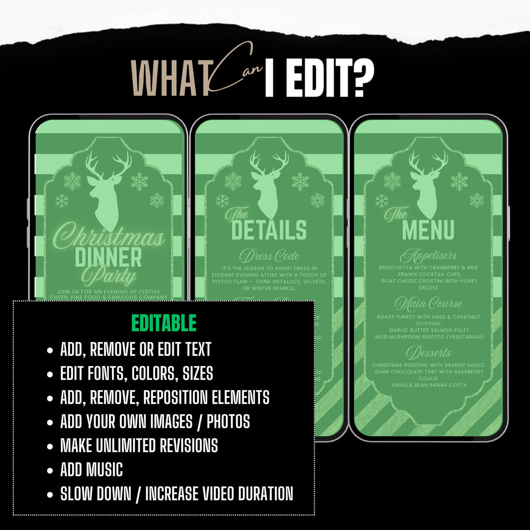 Black & Gold Christmas Dinner Party Invite with Details & Menu - Editable Canva Template