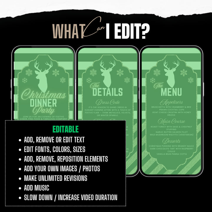 Black & Gold Christmas Dinner Party Invite with Details & Menu - Editable Canva Template