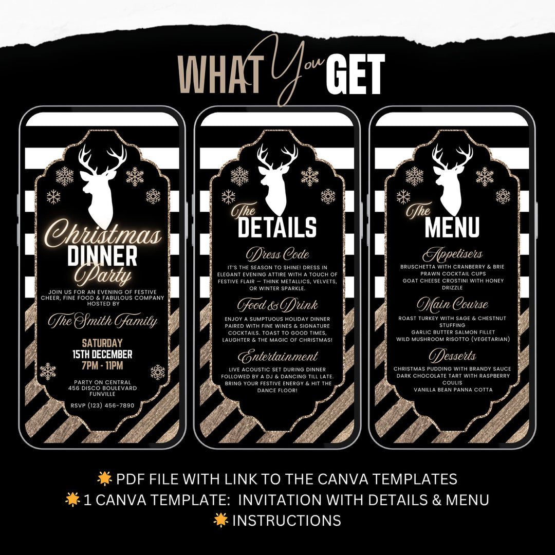 Black & Gold Christmas Dinner Party Invite with Details & Menu - Editable Canva Template