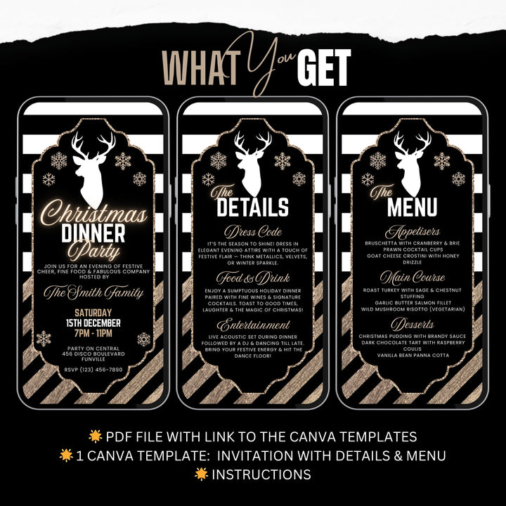 Black & Gold Christmas Dinner Party Invite with Details & Menu - Editable Canva Template