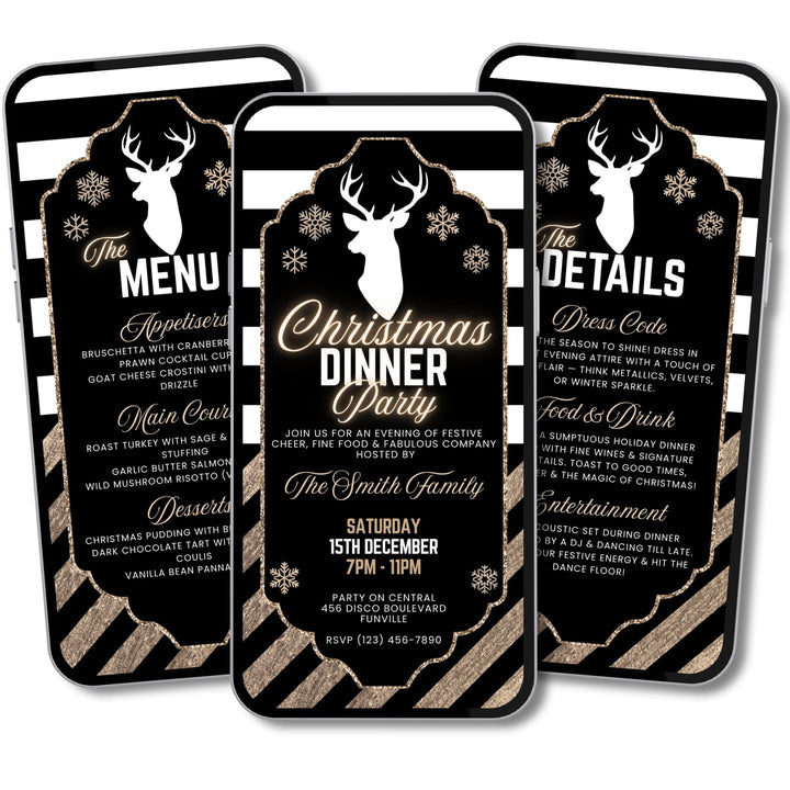 Black & Gold Christmas Dinner Party Invite with Details & Menu - Editable Canva Template