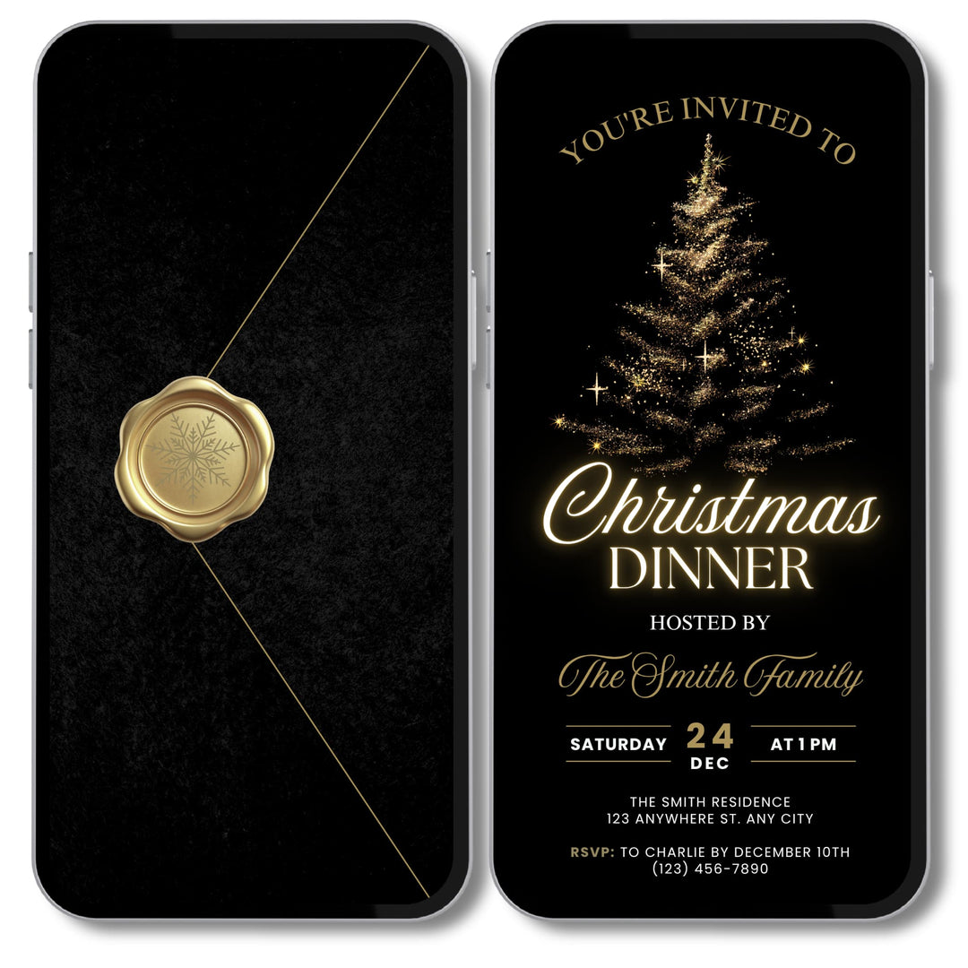 Luxury Black and gold Christmas dinner invitation with glowing glitter Christmas tree and elegant festive design. Self editable digital canva template available for instant download