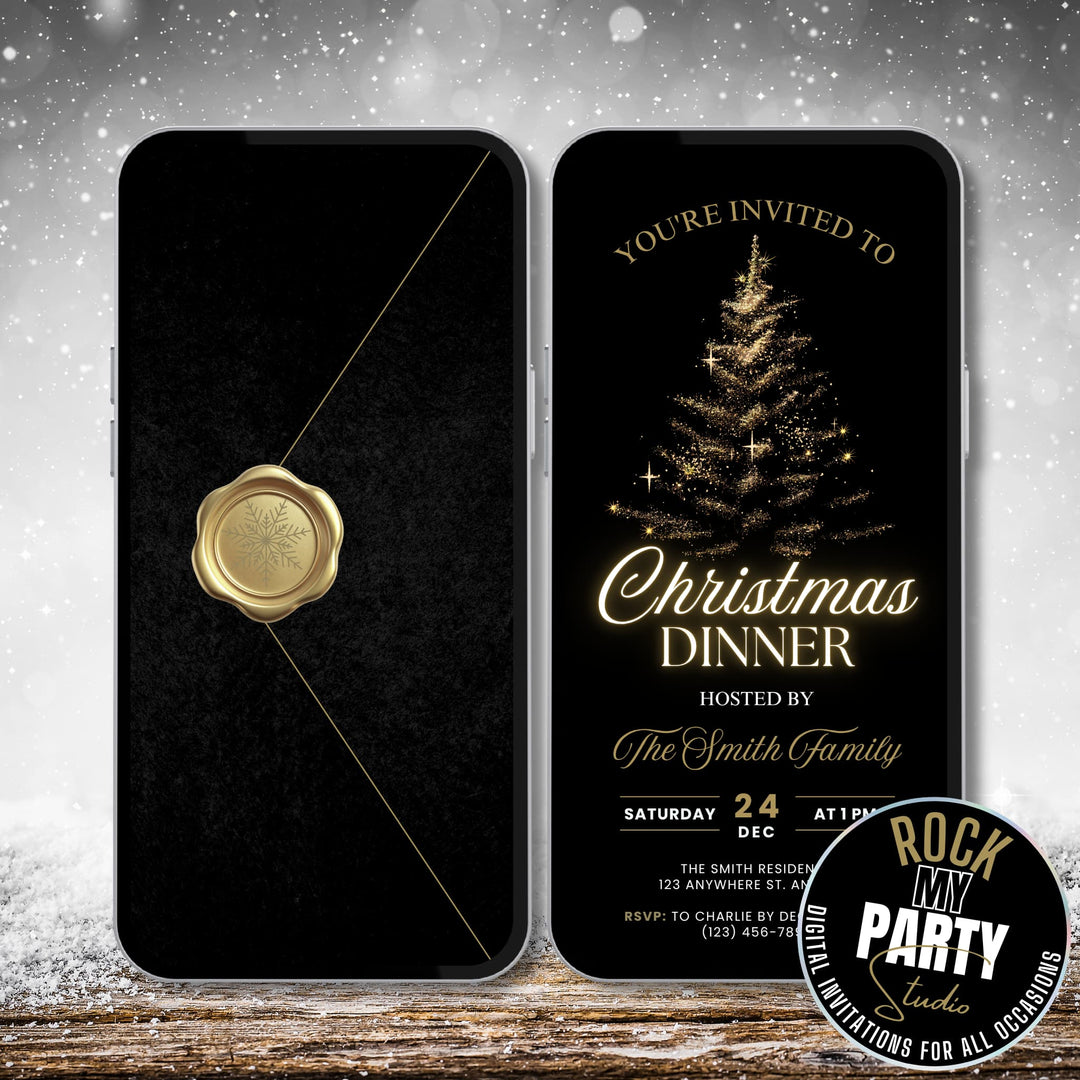 Sophisticated Black gold Christmas dinner party invitation with glowing glitter Christmas tree and elegant festive design. Self editable digital canva template available for instant download