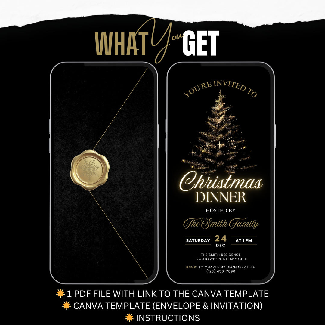 Luxury Black & Gold Christmas Dinner Invitation Template – Elegant Digital Holiday Evite