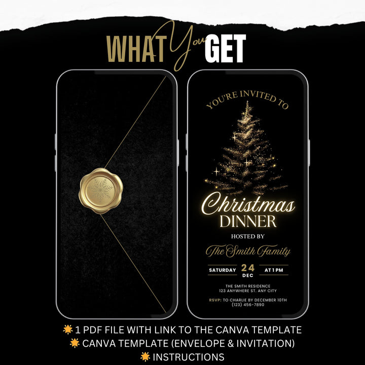 Luxury Black & Gold Christmas Dinner Invitation Template – Elegant Digital Holiday Evite