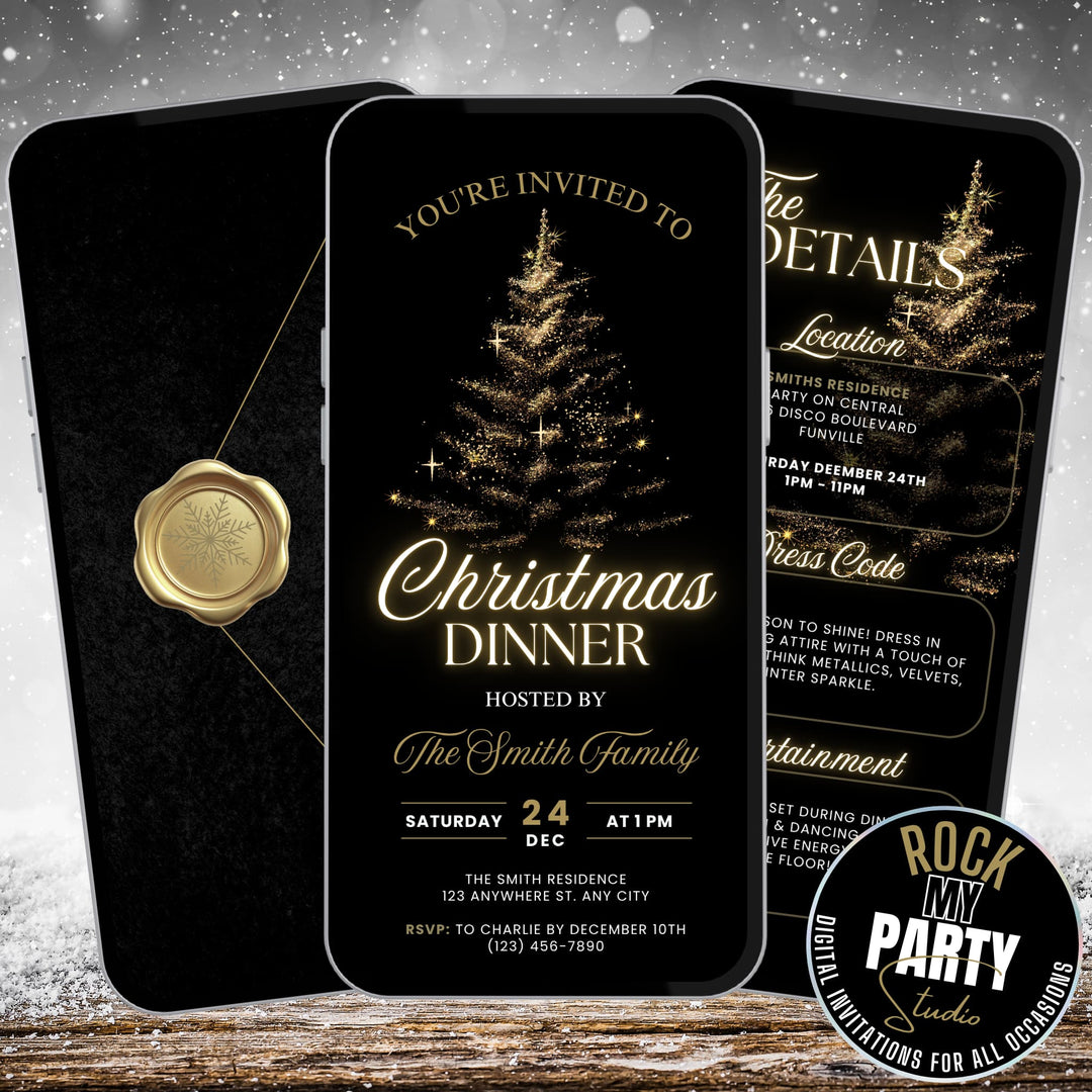 Luxury black gold Christmas dinner party invite with animated glowing Christmas tree and elegant layout, comes with matching Details page perfect for a festive Christmas Party celebration. Self editable in Canva, available for instant download. 