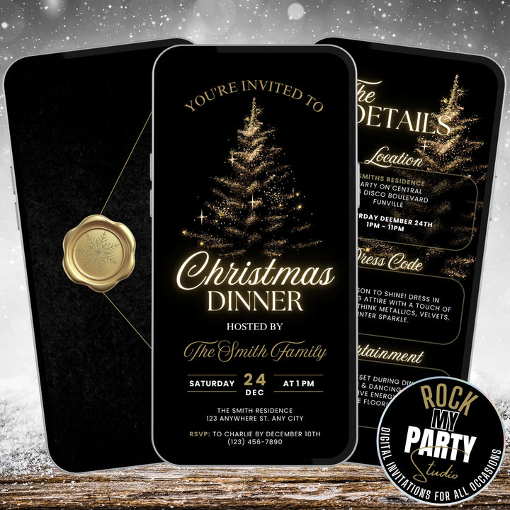 Luxury black gold Christmas dinner party invite with animated glowing Christmas tree and elegant layout, comes with matching Details page perfect for a festive Christmas Party celebration. Self editable in Canva, available for instant download. 