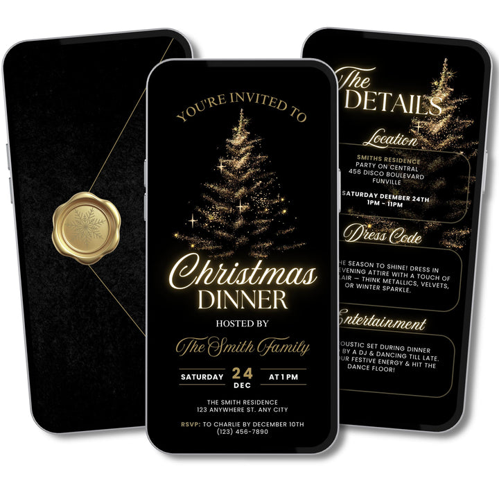 Luxury Black & Gold Christmas Dinner Invite with Details – Animated Digital Invitation Template