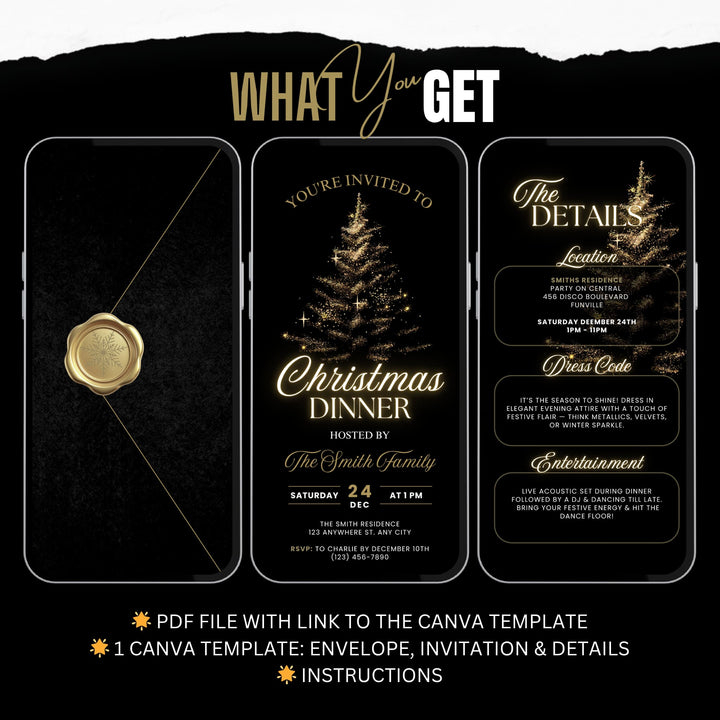 Luxury Black & Gold Christmas Dinner Invite with Details – Animated Digital Invitation Template