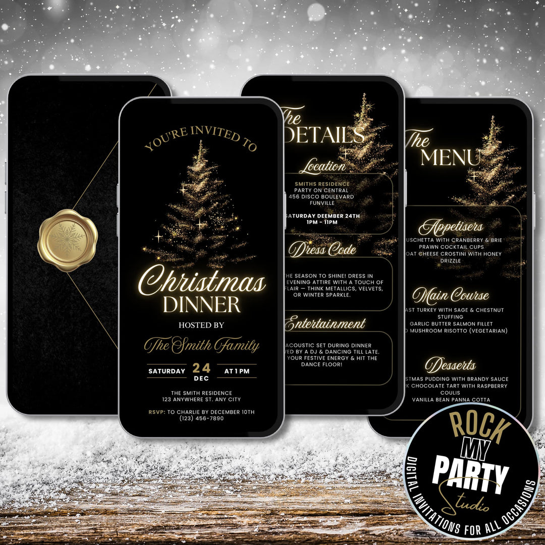 Luxury black gold Christmas dinner party invitation with animated glowing Christmas tree and elegant layout, comes with matching Details and Menu pages perfect for a festive Holiday celebration. Self editable in Canva available for instant download. 