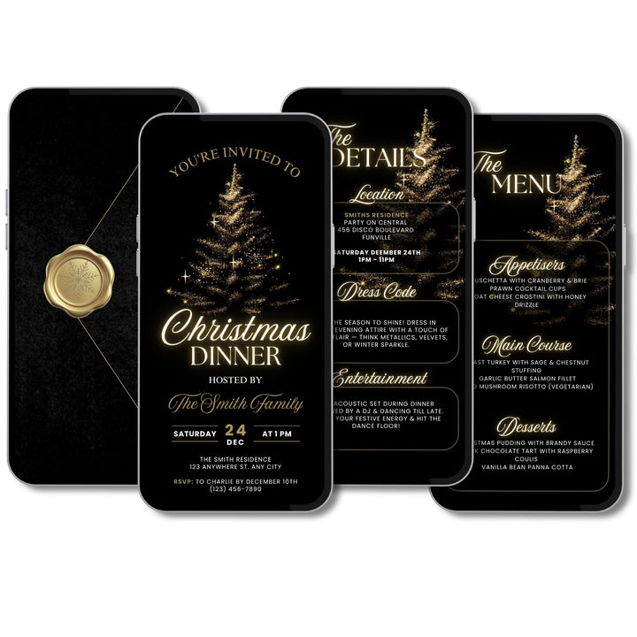 Luxury black and gold Christmas dinner invitation with animated glowing Christmas tree and elegant layout, comes with matching Details and Menu pages perfect for a festive Christmas Gala. Self editable in Canva available for instant download. 