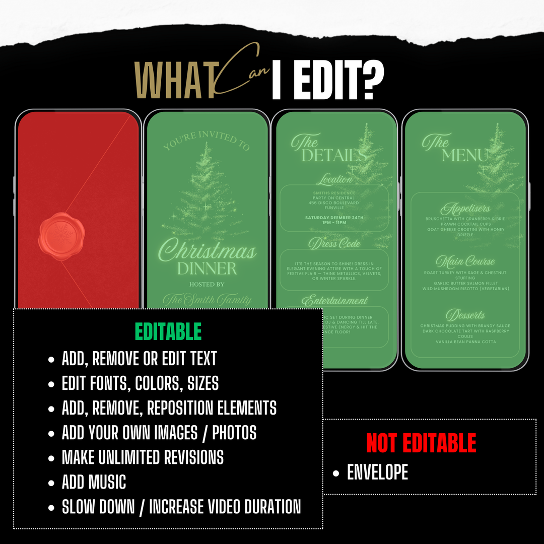 Invitation cards with text editing options on a black background