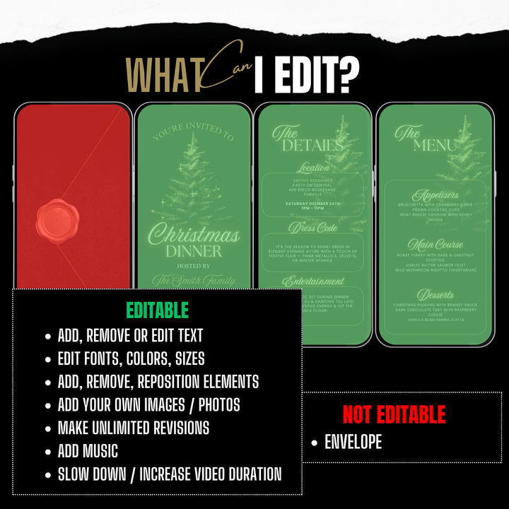 Invitation cards with text editing options on a black background