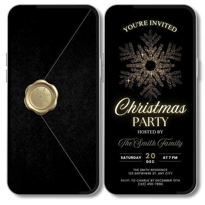 Luxury black and gold Christmas party invitation template with glowing snowflake and elegant script on black background.