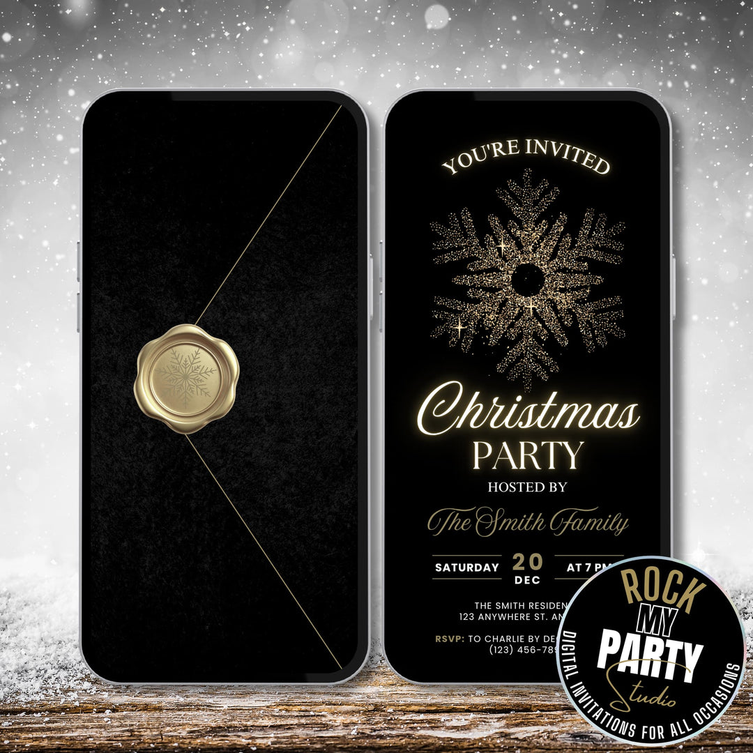 Animated Luxury black and gold Christmas party invite template with glowing snowflake and elegant script on black background. Self Editable canva Template available for instant download 