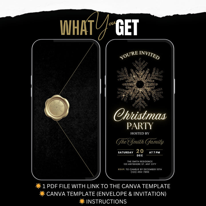 Luxury Black & Gold Christmas Party Invitation - Elegant Digital Holiday Invite Self Editable Canva Template