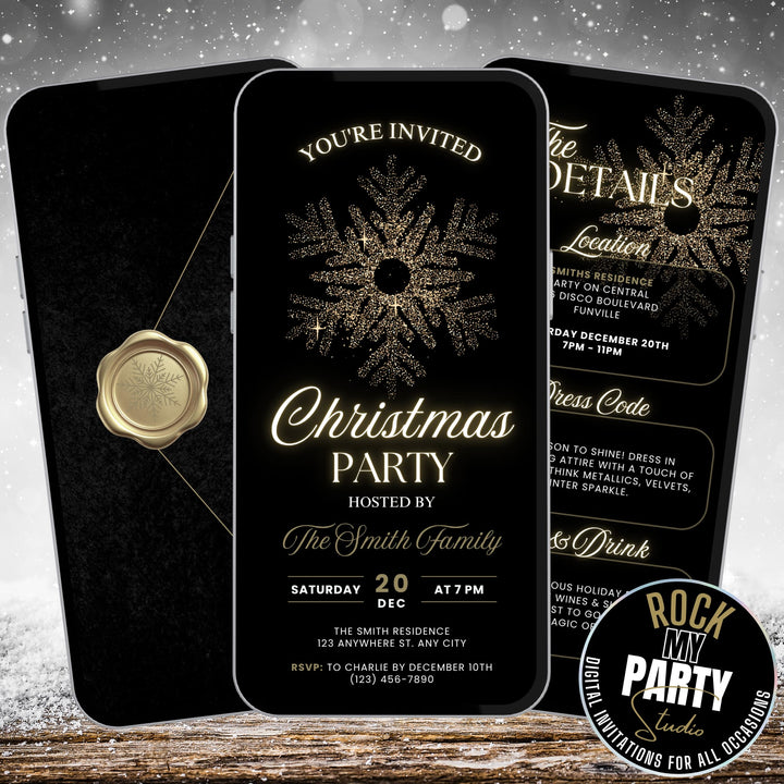Elegant black gold digital Christmas party invitation and matching details card displayed on a smartphone. Self Editable Canva video Template available for instant download.