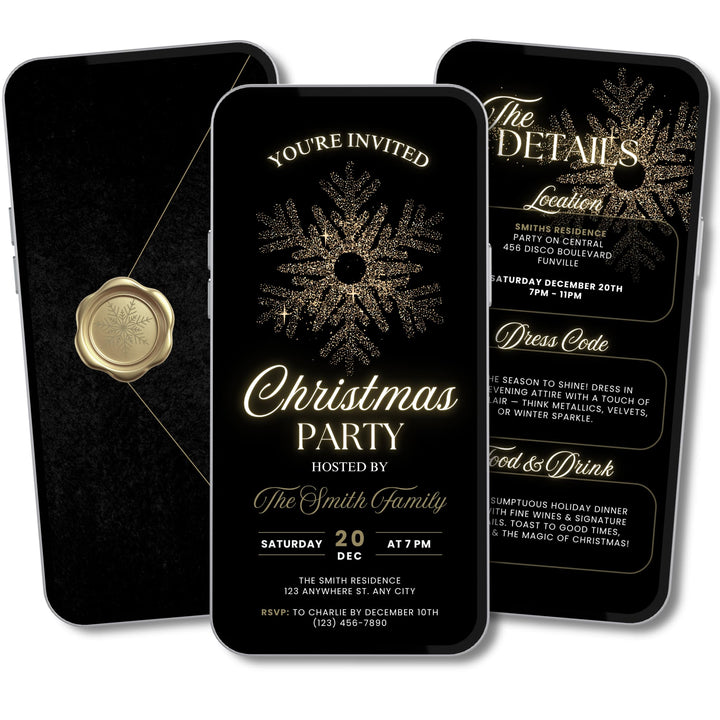 Elegant black and gold digital Christmas party invitation and matching details card displayed on a mobile phone. Self Editable Animated Canva Template available for instant download.