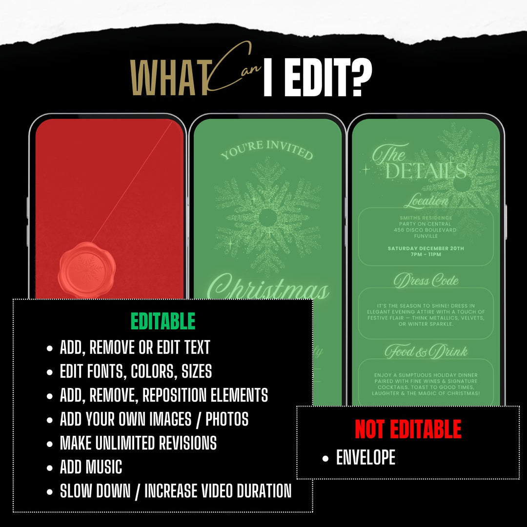 Black & Gold Christmas Invitation + Details Card - Animated Holiday Evite - Editable Canva Template