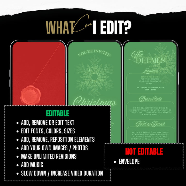 Black & Gold Christmas Invitation + Details Card - Animated Holiday Evite - Editable Canva Template