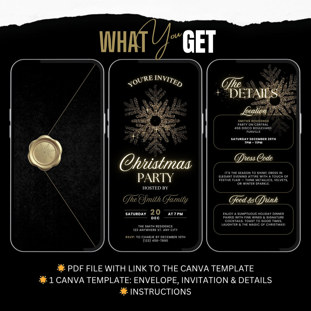 Black & Gold Christmas Invitation + Details Card - Animated Holiday Evite - Editable Canva Template