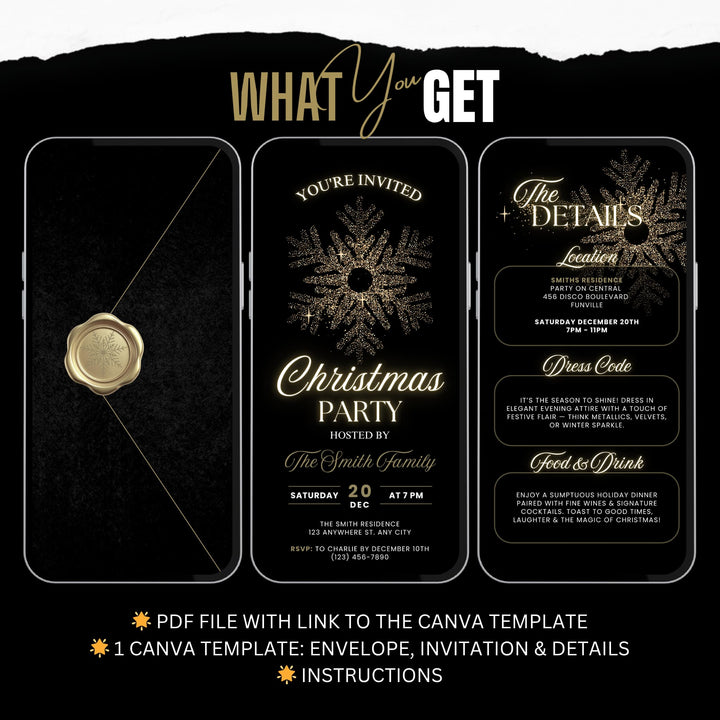 Black & Gold Christmas Invitation + Details Card - Animated Holiday Evite - Editable Canva Template