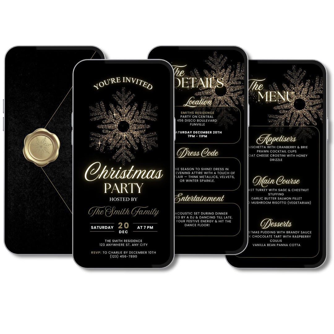 Luxury black and gold digital Christmas Party invitation set including invitation, details page and menu card featuring luxury golden snowflake on black velvet background. Displayed on a mobile phone. Self editable Canva Template available for instant download.