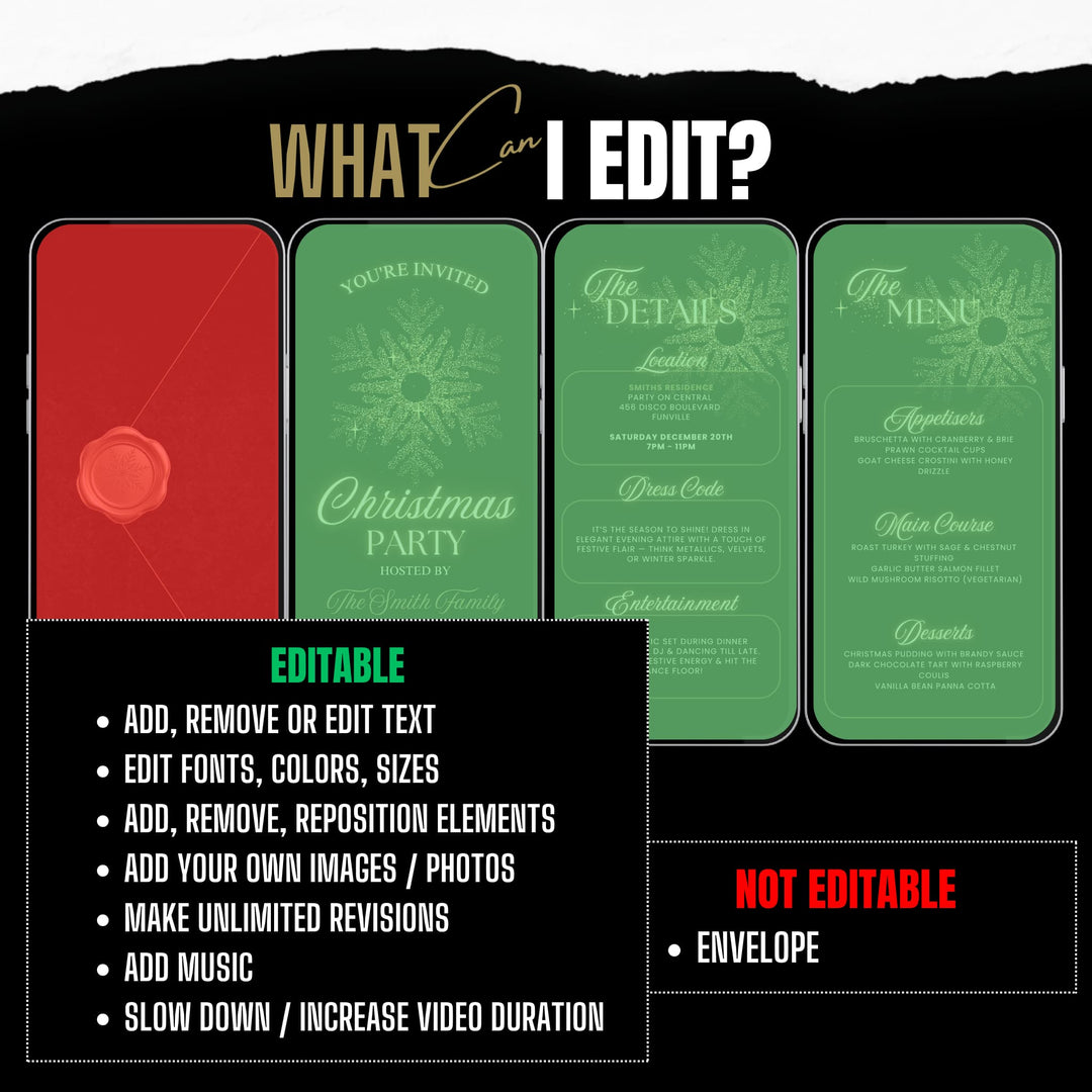 Luxury Black & Gold Christmas Dinner Party Template - Invitation, Details & Menu - Digital Download