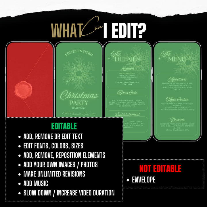 Luxury Black & Gold Christmas Dinner Party Template - Invitation, Details & Menu - Digital Download