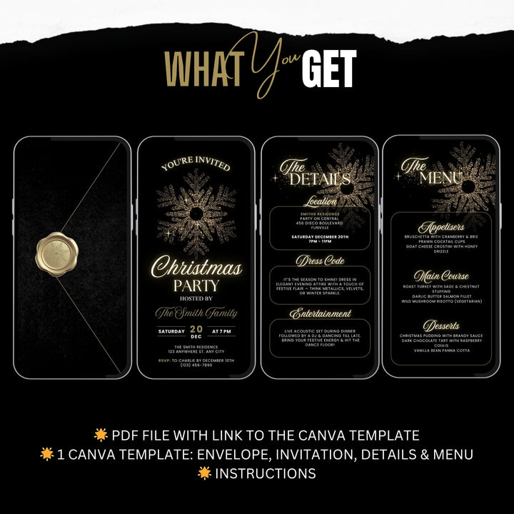 Luxury Black & Gold Christmas Dinner Party Template - Invitation, Details & Menu - Digital Download