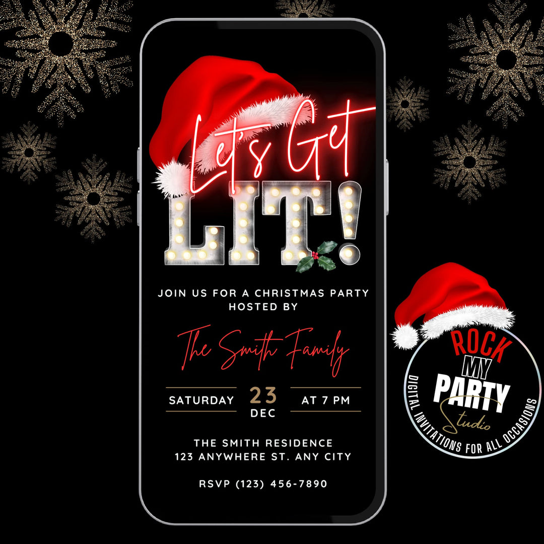 Let’s Get Lit Christmas Party Invitation – self editable Canva template with neon typography, marquee lights and bright red Santa hat on a black gold festive background displayed in a smartphone. Animated Digital Christmas Party video Invite available for instant download.