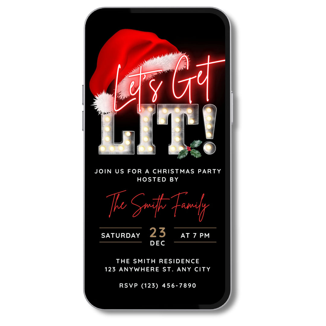 Let’s Get Lit Christmas Party Invitation – editable Canva template with neon marquee lights and bright red Santa hat on black gold festive background displayed in a mobile phone. Animated Digital Christmas Party Invite available for instant download.