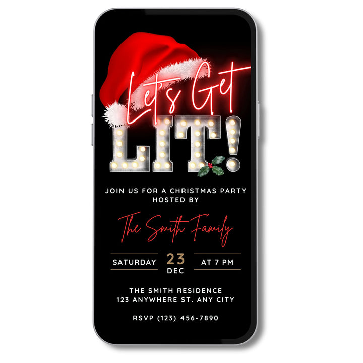 Let’s Get Lit Christmas Party Invitation – editable Canva template with neon marquee lights and bright red Santa hat on black gold festive background displayed in a mobile phone. Animated Digital Christmas Party Invite available for instant download.